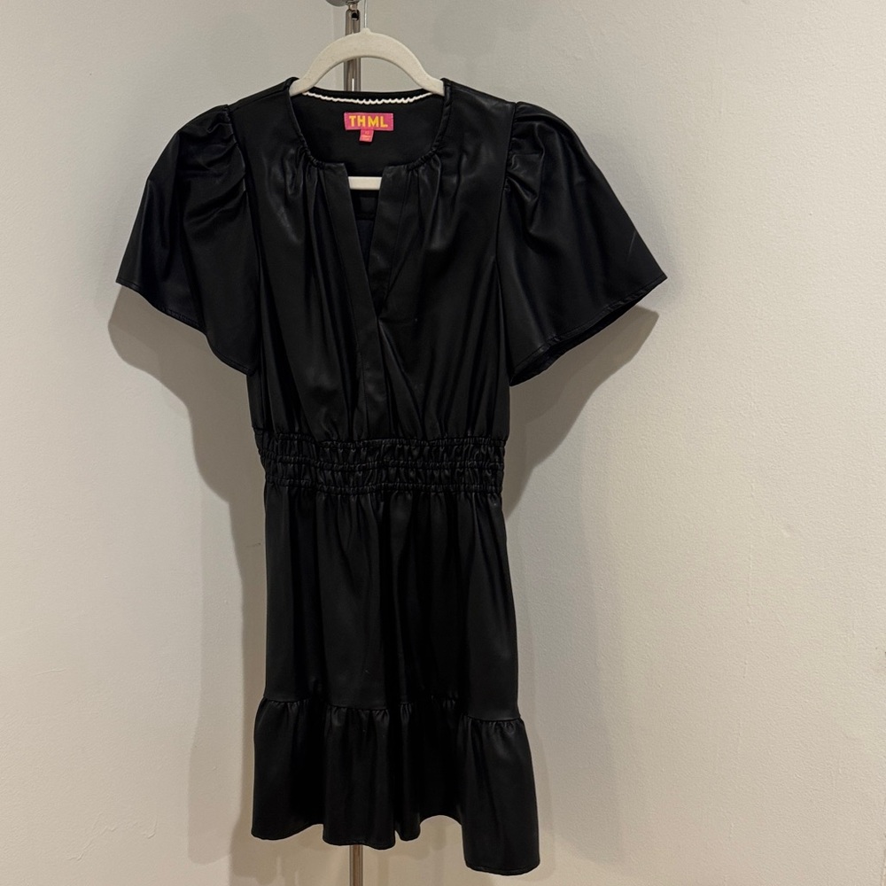 Black Short Sleeve faux leather Dress